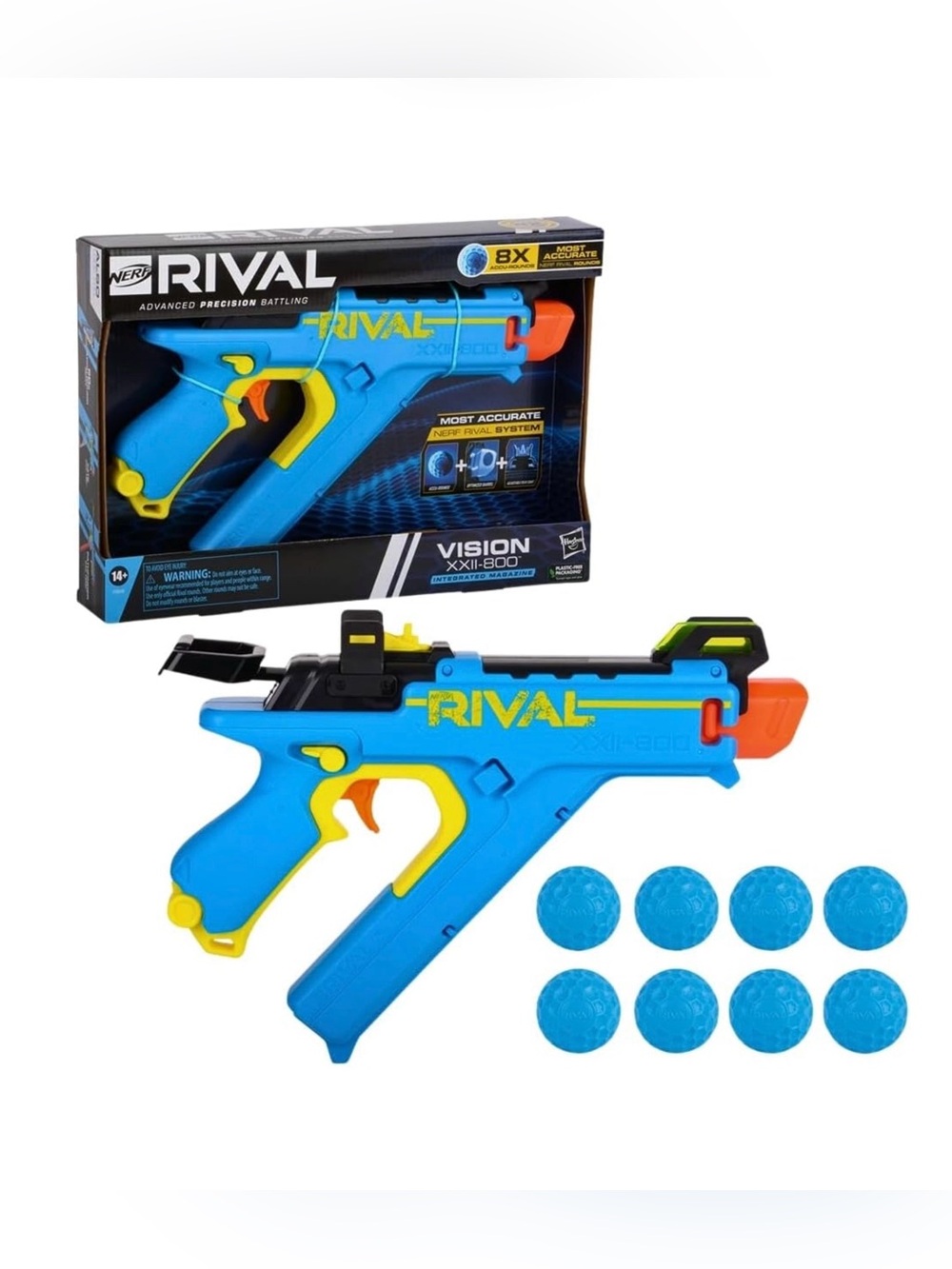 Nerf Rival Vision XXII-800 Blue and Yellow Foam Blaster with Orange Accents